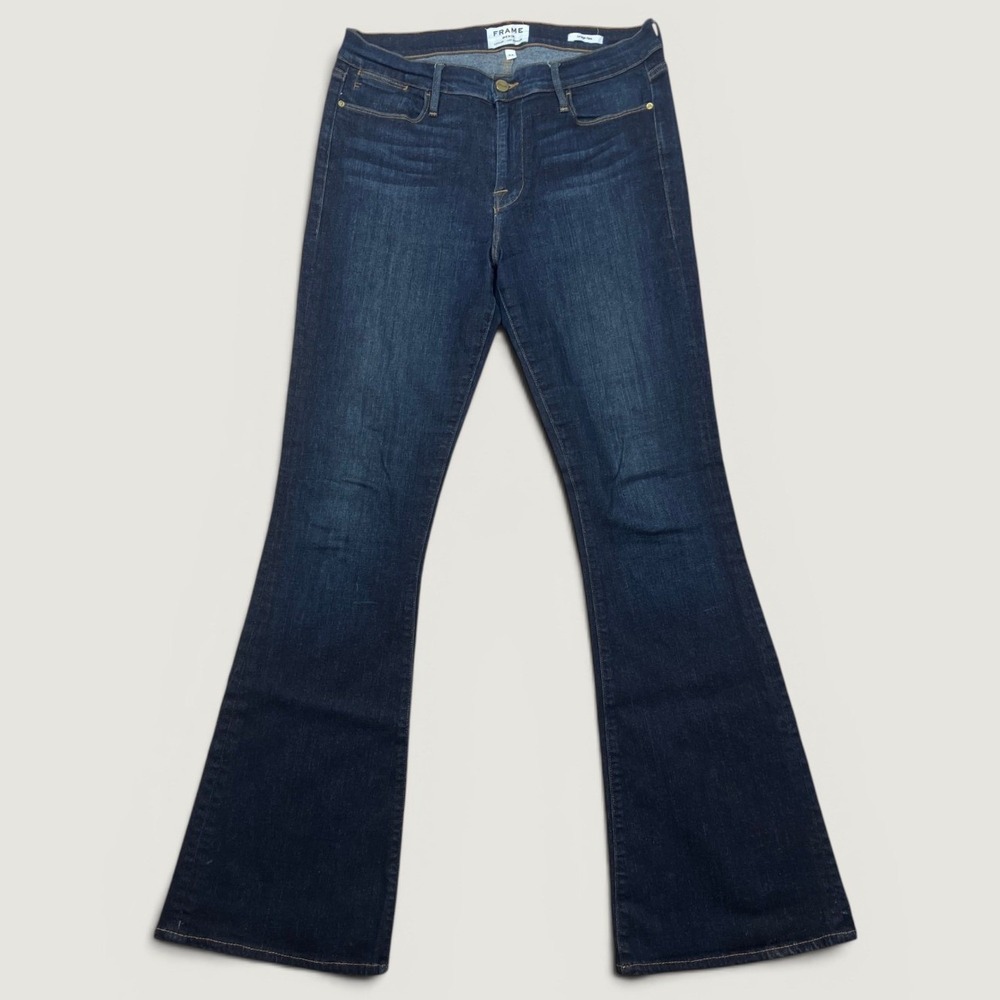 FRAME Denim Le High Flare Jeans Womens 32 x 32 Dark Blue Wash Stretch USA Made
